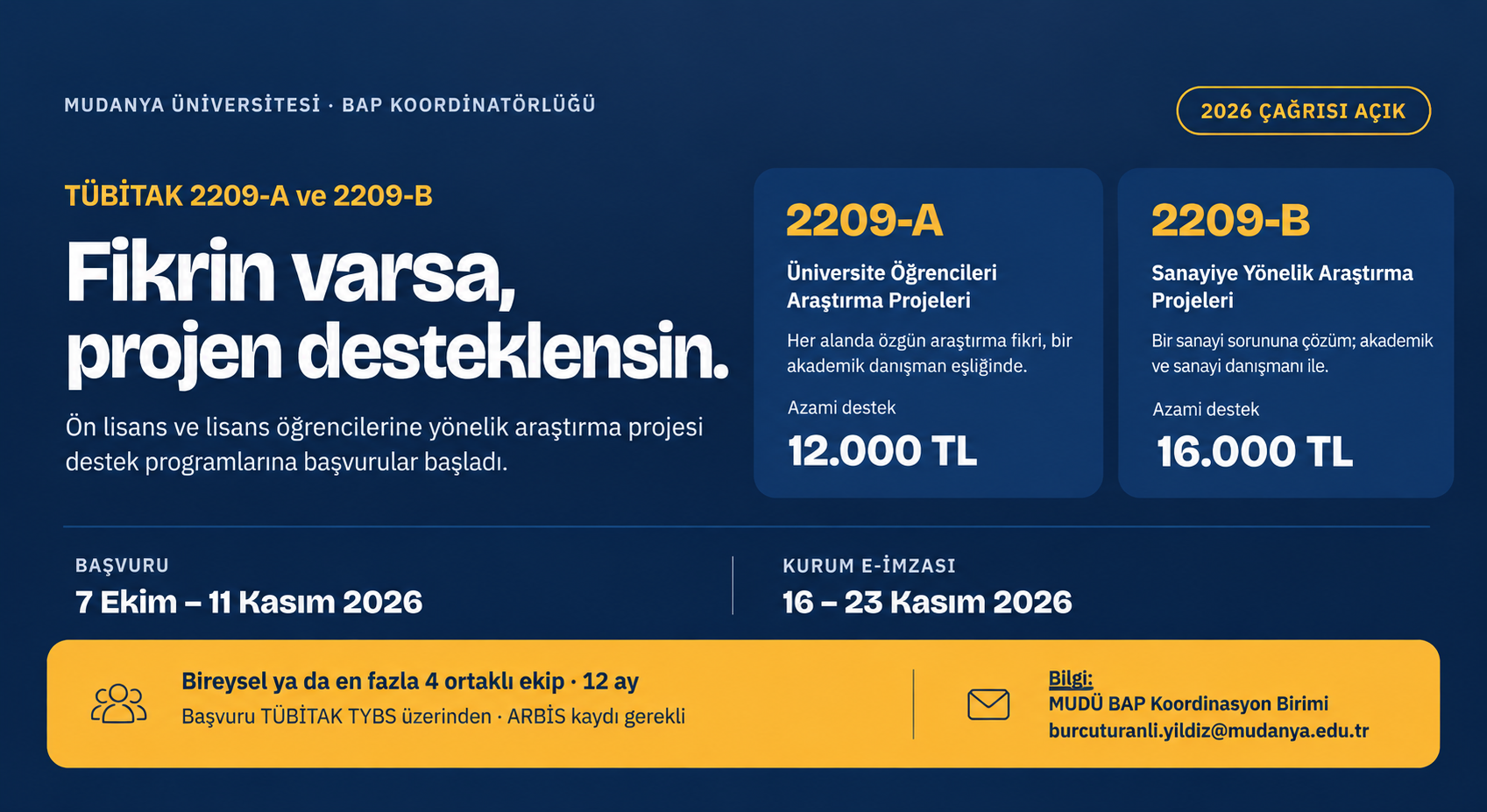 TÜBİTAK 2209-A ve 2209-B Öğrenci Araştırma Projeleri 2026 Yılı Çağrısı Açıldı